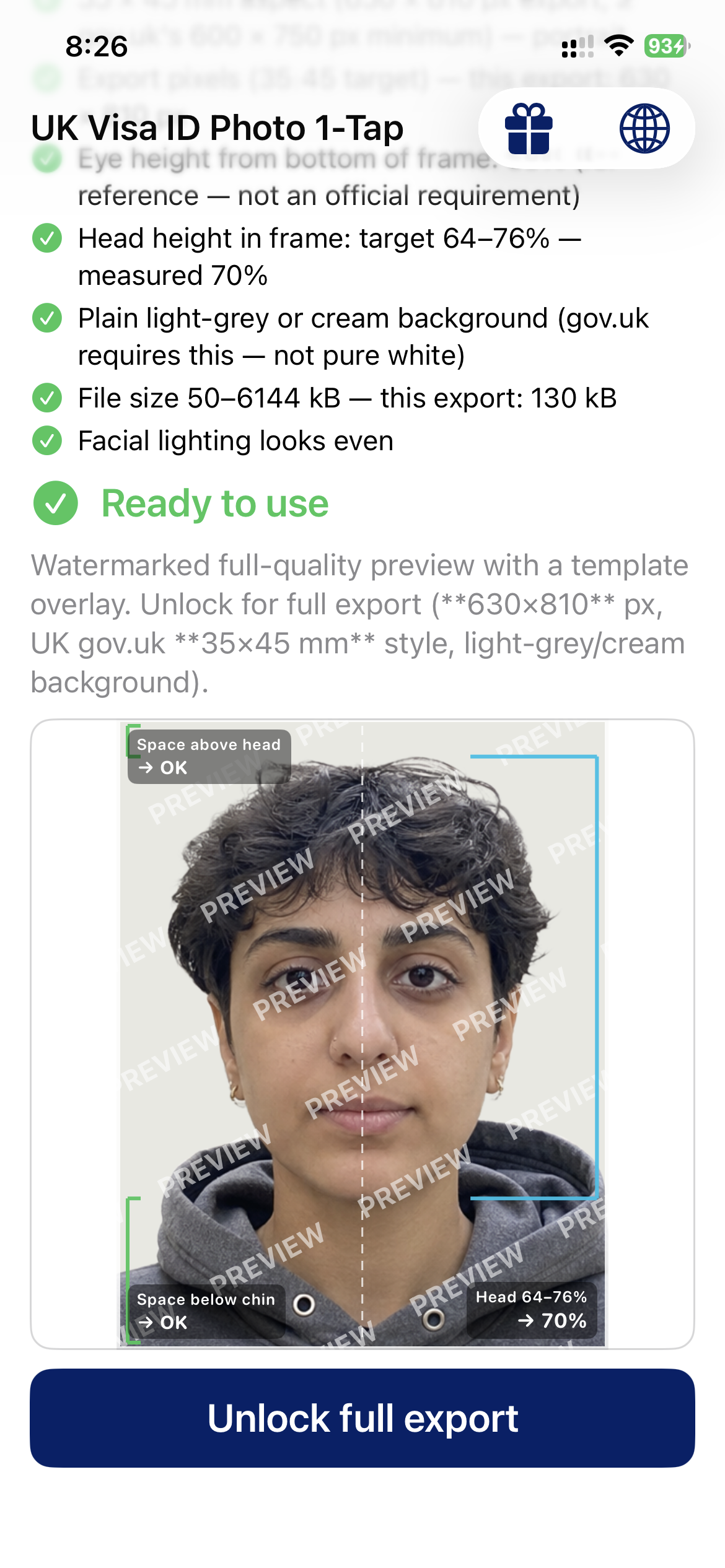 The same photo in the UK Visa ID Photo 1-Tap app: background replaced, cropped, compliance checklist passed, marked Ready to use