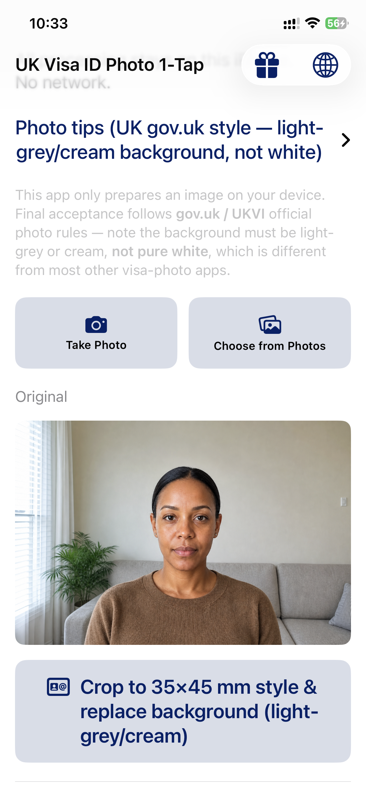 UK Visa ID Photo 1-Tap: home screen with Take Photo / Choose from Photos