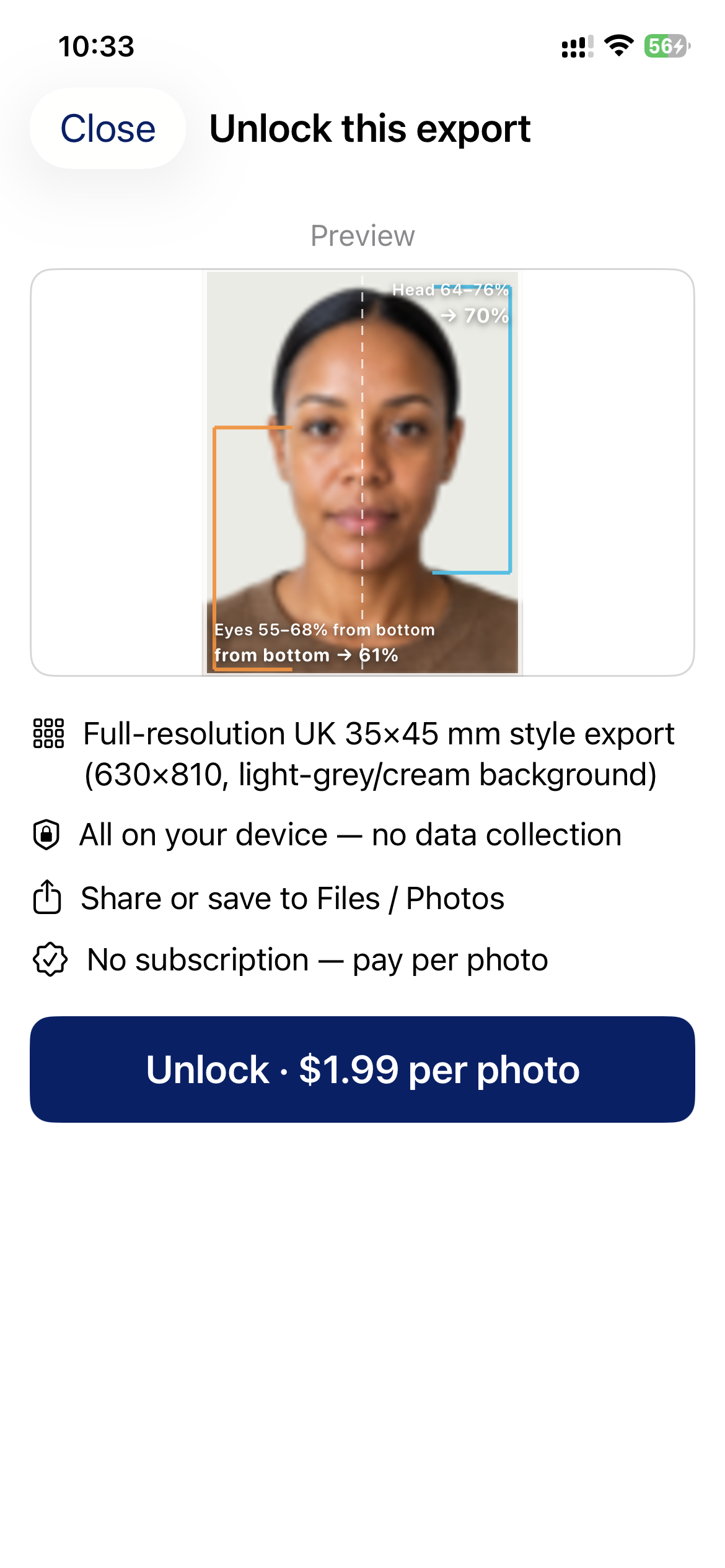 Unlock this export sheet with measurement overlay preview and $1.99 price