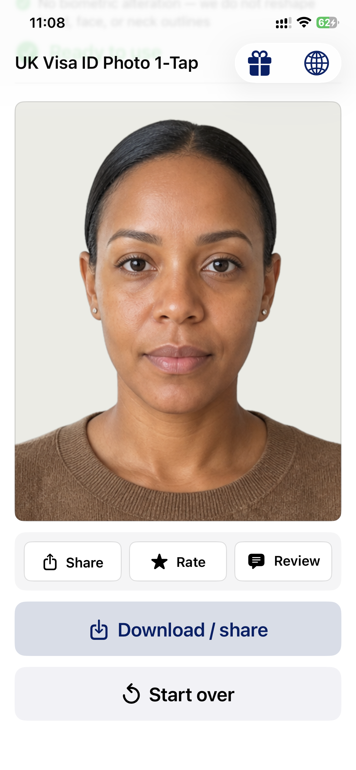 Unlocked portrait with Share, Rate, Review, Download and Start over